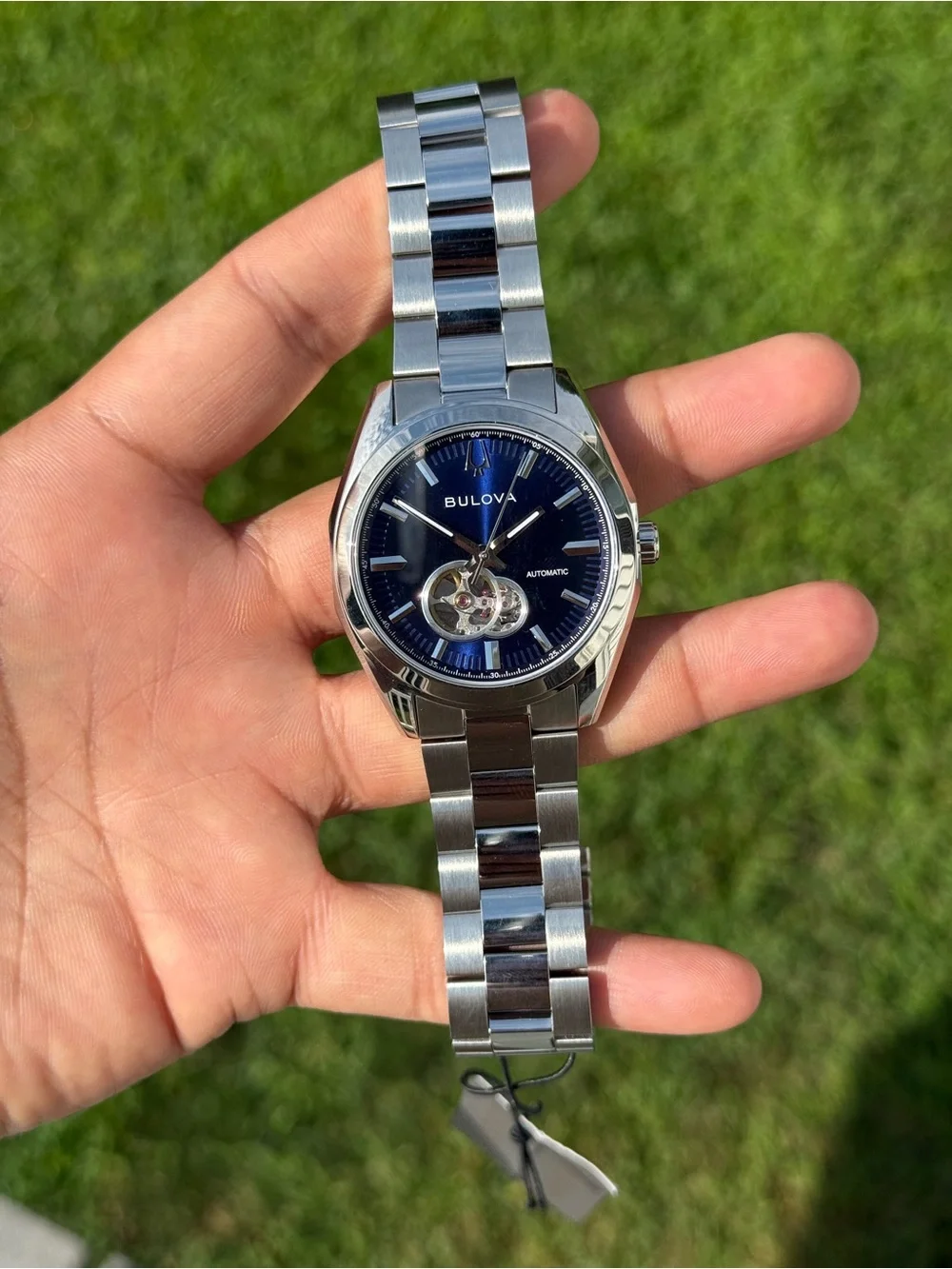Bulova Silver Stainless Steel automatic men’s Watch with Blue Open-Heart Dial